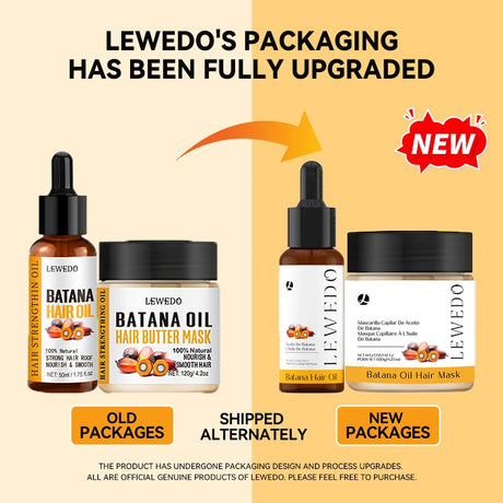 Comparison of Lewedo's old and new packaging for Batana Oil hair products on a beige background.