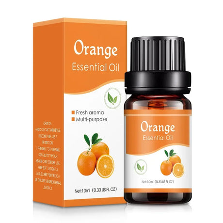 Orange essential oil bottle and packaging on a white background
