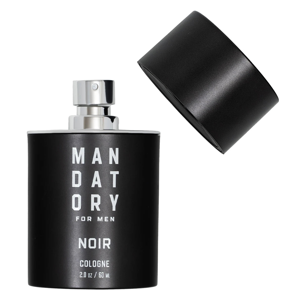 Black cologne bottle with silver cap labeled 'Mandatory for Men Noir Cologne' on a white background