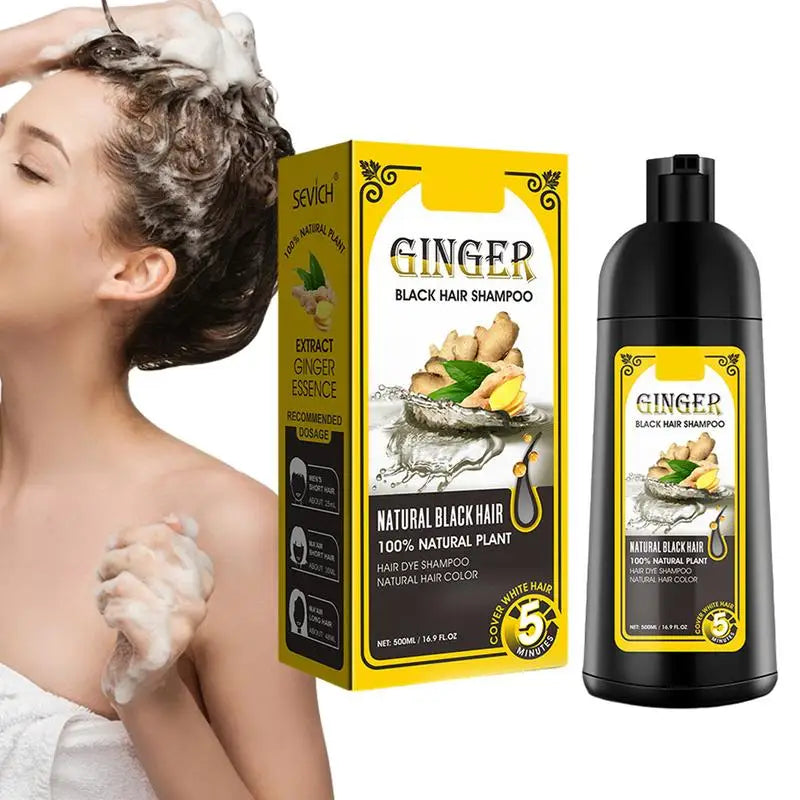 Ginger black hair shampoo with packaging and a person using it.
