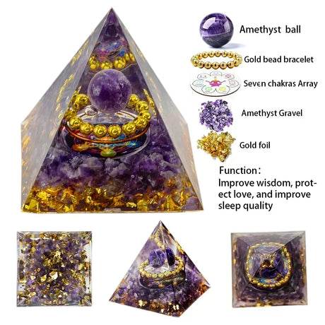 Amethyst crystal pyramid with various amethyst products and their uses on a white background