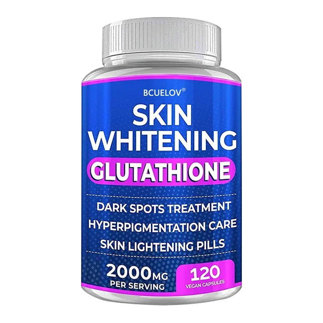 Bottle of skin whitening glutathione supplement with blue label on a white background