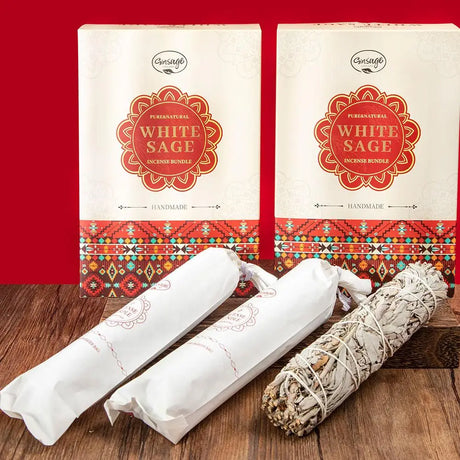 White Sage Incense Bundle packaging with incense sticks on a wooden surface