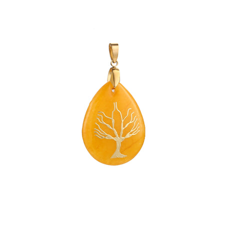 Orange teardrop-shaped pendant with gold tree design on a white background