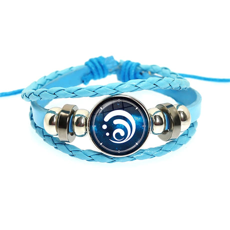 Blue braided bracelet with a circular design featuring a white symbol on a white background