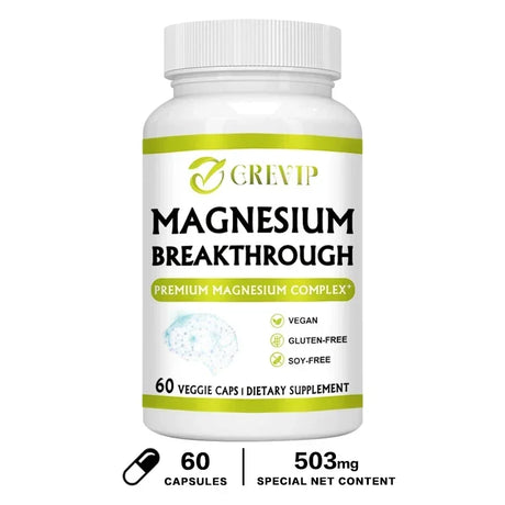 Supplement bottle labeled 'Magnesium Breakthrough' by Grevip on a white background