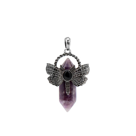Purple crystal pendant with silver butterfly design on a white background