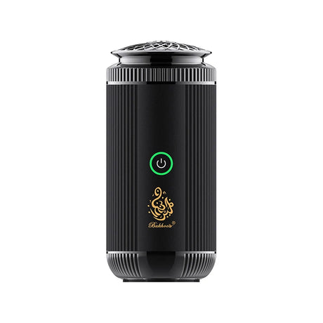 Black cylindrical device with a green power indicator on a white background