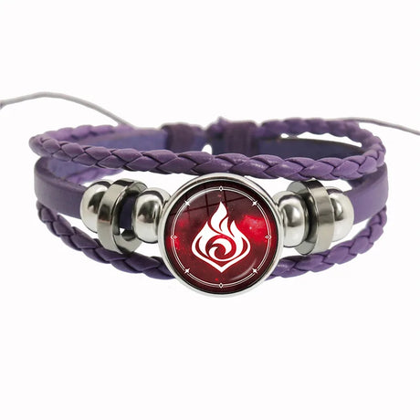 Purple braided bracelet with a red and silver emblem on a white background