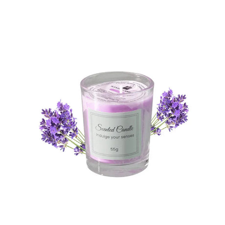 Scented candle with lavender flowers on a white background
