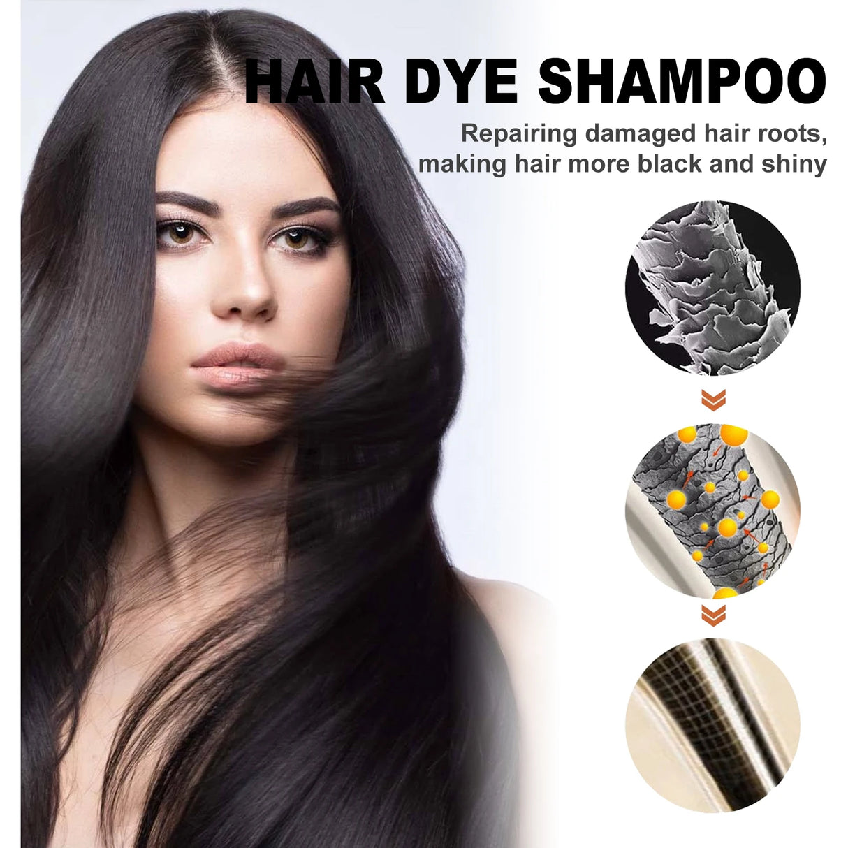 Advertisement for hair dye shampoo showing a woman with long black hair and product benefits.