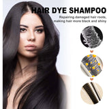 Advertisement for hair dye shampoo showing a woman with long black hair and product benefits.