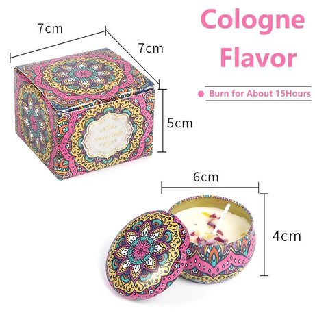 Colorful candle tin with mandala design, dimensions, and 'Cologne Flavor' text.