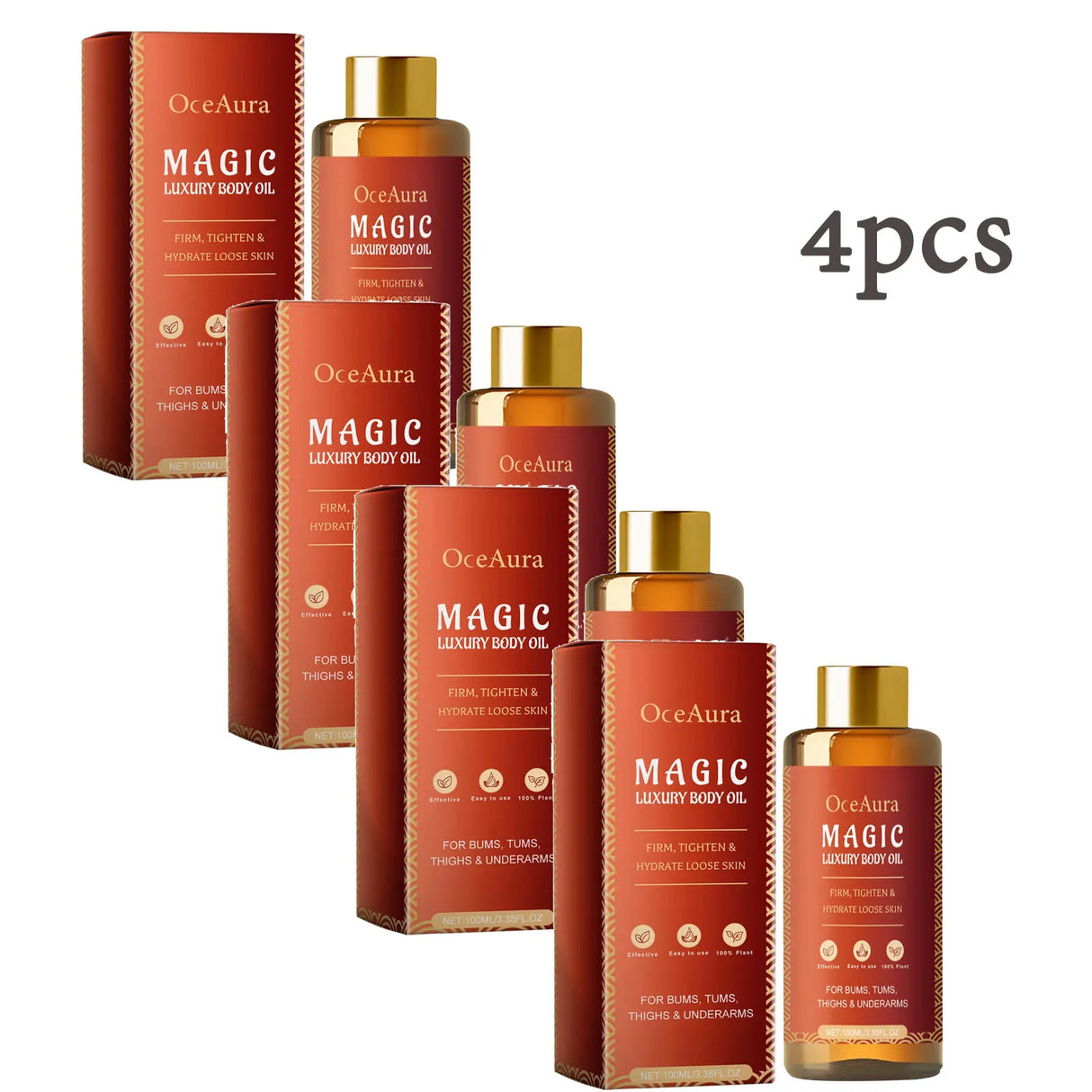 OceAura Magic Luxury Body Oil packaging with four bottles and boxes on a white background