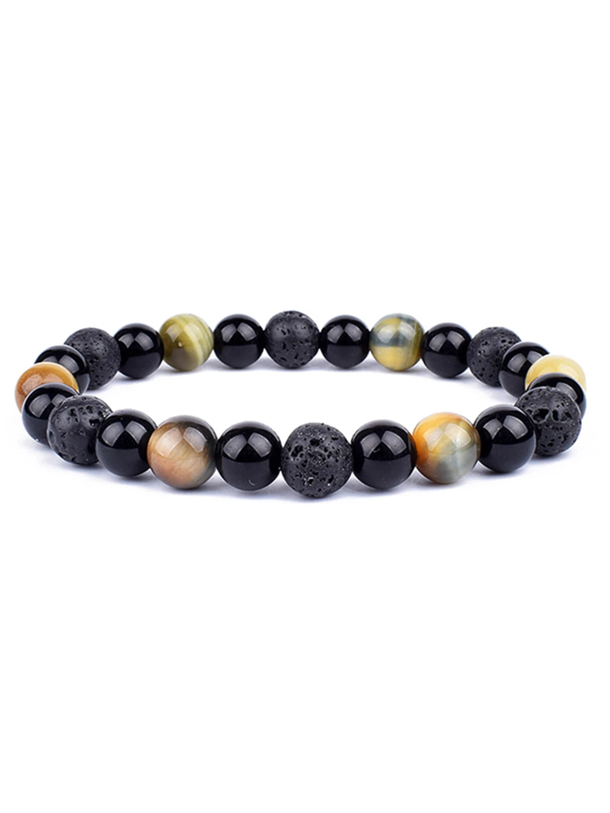 Beaded bracelet with black, brown, and green stones on a white background