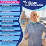 Woman running outdoors with a supplement information graphic on magnesium compounds.