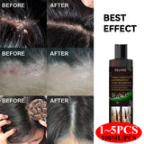 Before and after images of hair care treatment with a bottle of ELHO shampoo on a black background.