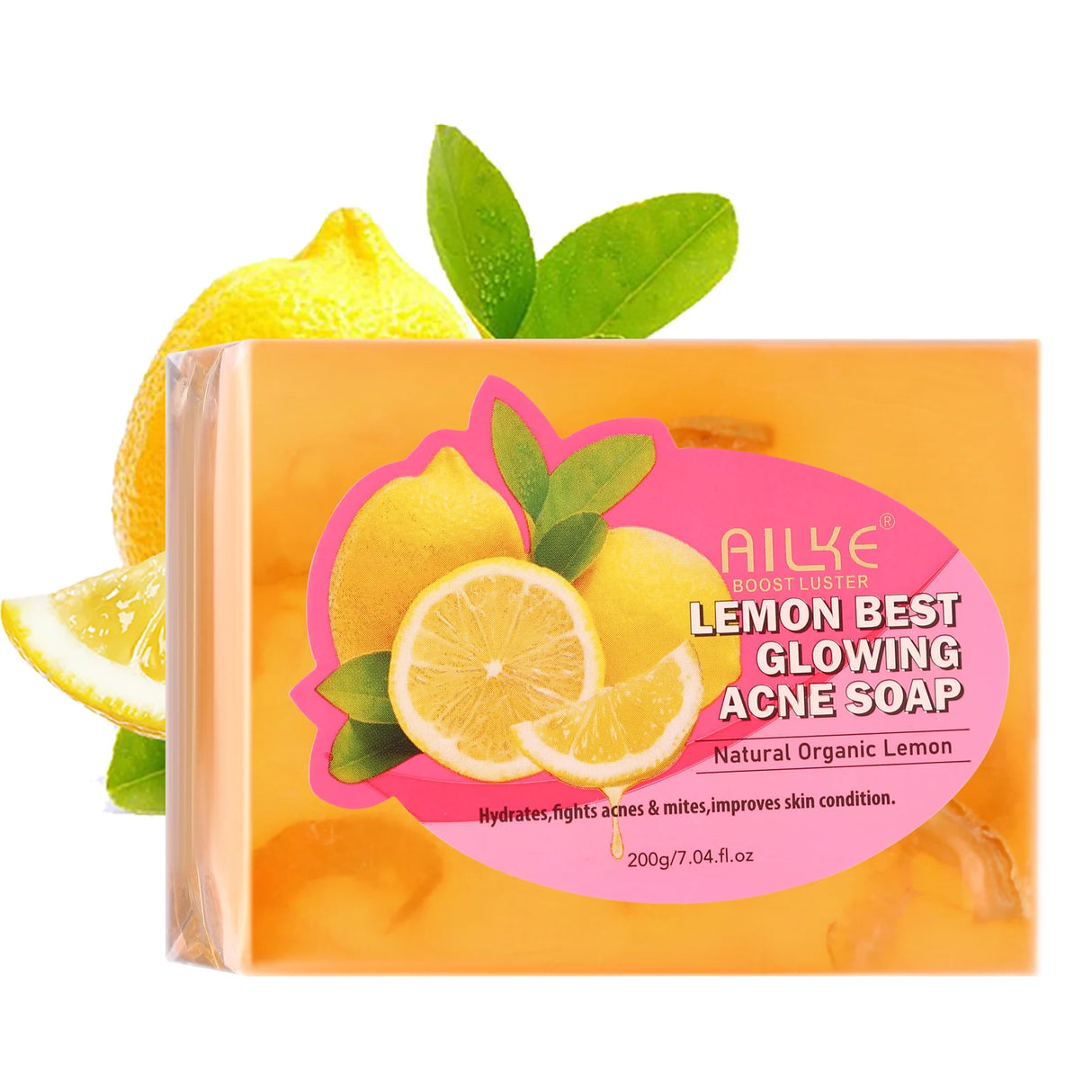 Soap bar with lemon slices and green leaves on a white background