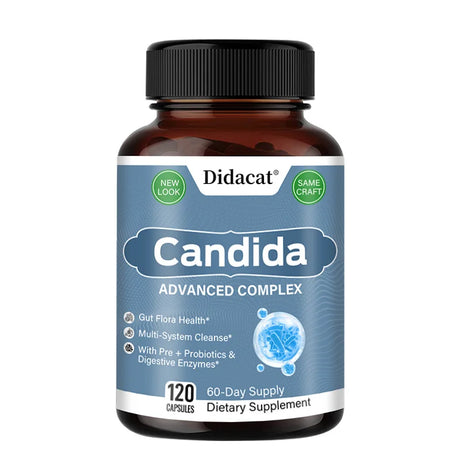 Supplement bottle labeled 'Candida Advanced Complex' by Didacat on a white background