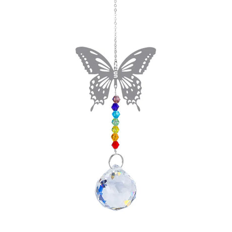 Butterfly-shaped crystal hanging ornament with rainbow beads on a white background