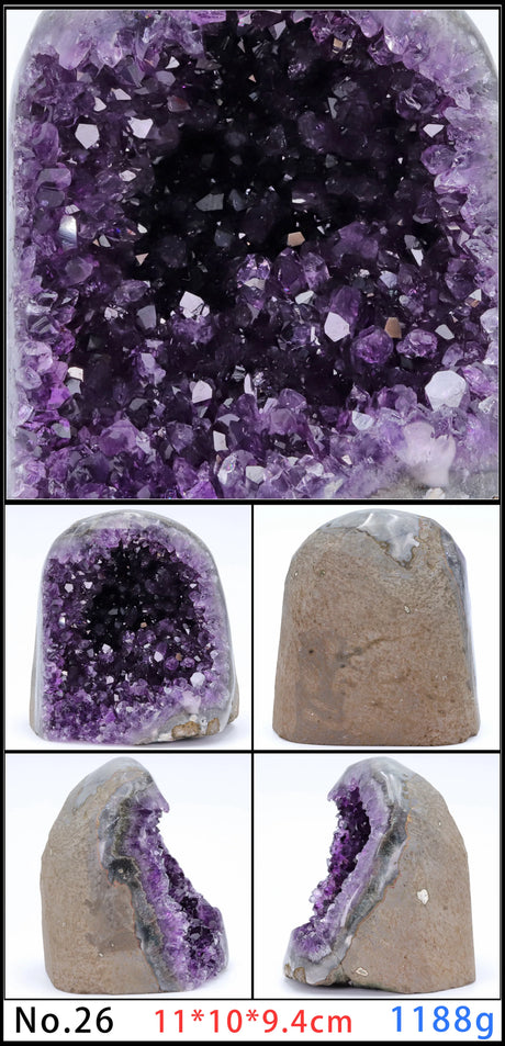 Collage of purple crystal geode with size and weight details