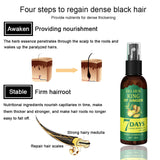 Hair care product with text on four steps to regain dense black hair, including a bottle labeled 'King of Ginger' and illustrations.