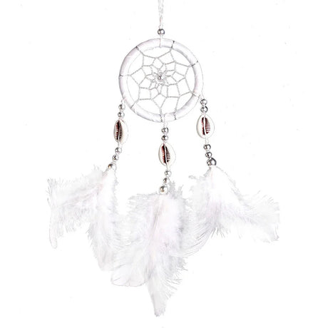 White dreamcatcher with feathers on a white background