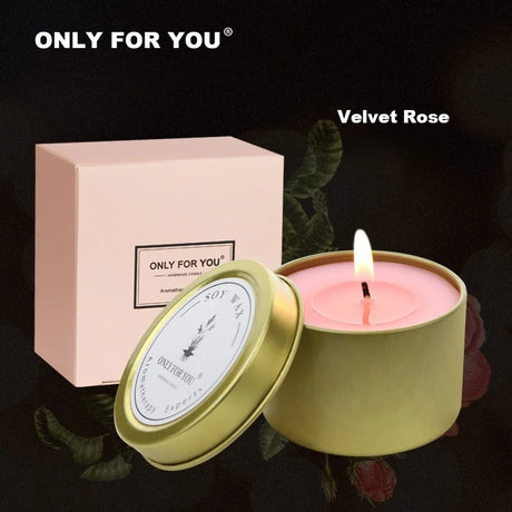Candle in a gold tin with a pink candle and 'Only For You' packaging on a dark background.