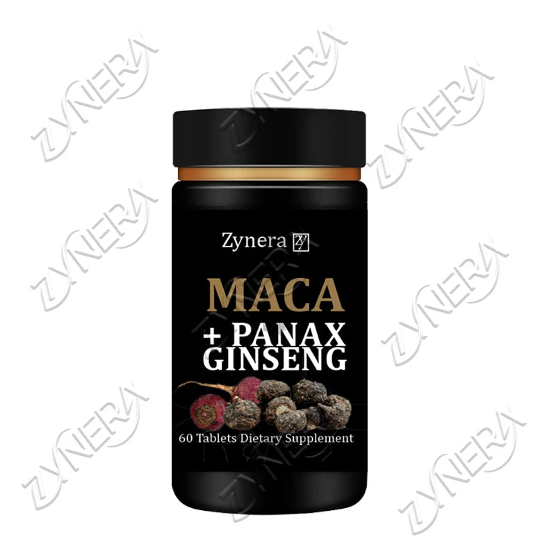 Supplement bottle labeled 'Maca + Panax Ginseng' by Zynera on a white background.