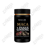 Supplement bottle labeled 'Maca + Panax Ginseng' by Zynera on a white background.
