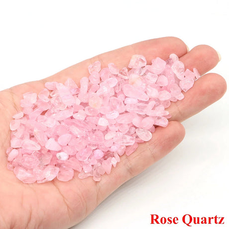 Hand holding pink rose quartz crystals on a white background
