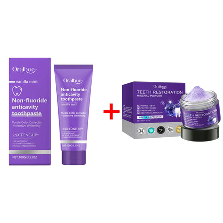 Oralhoo dental care products including toothpaste, powder, and cream on a white background