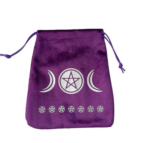 Purple drawstring bag with wiccan symbols on a white background