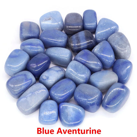 Blue aventurine stones on a white background with 'Blue Aventurine' text.