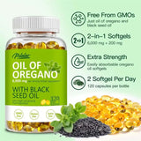 Bottle of Oil of Oregano with Black Seed Oil and its features on a green background