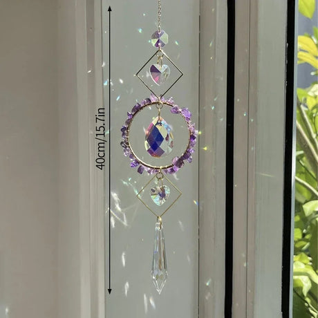 Decorative crystal hanging ornament with measurement label on a window background