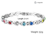 Silver bracelet with colorful beads on a white background