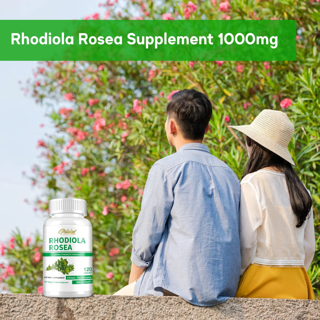 Two people sitting together with a bottle of Rhodiola Rosea supplement in front of a floral background.