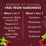 Product label detailing ingredients and benefits on a maroon background with natural elements.