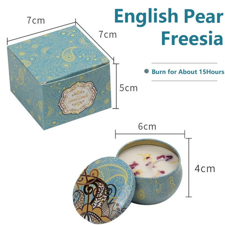 Candle tin with decorative lid, dimensions, and product name 'English Pear Freesia' displayed.