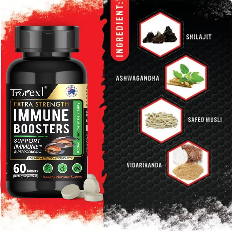 Forezl Extra Strength Immune Boosters supplement bottle with ingredients displayed on a black background.