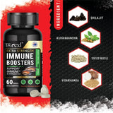 Forezl Extra Strength Immune Boosters supplement bottle with ingredients displayed on a black background.