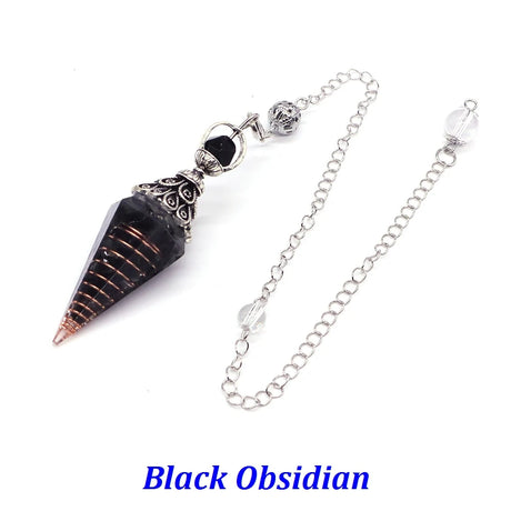 Black obsidian pendulum on a silver chain with 'Black Obsidian' text below.