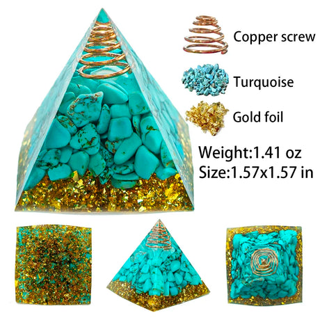 Turquoise crystal pyramid with gold foil and copper screw, labeled with materials and specifications.