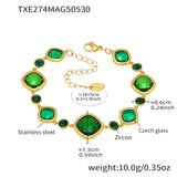 Gold bracelet with green gemstones and measurements on a white background