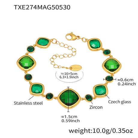 Gold bracelet with green gemstones and measurements on a white background