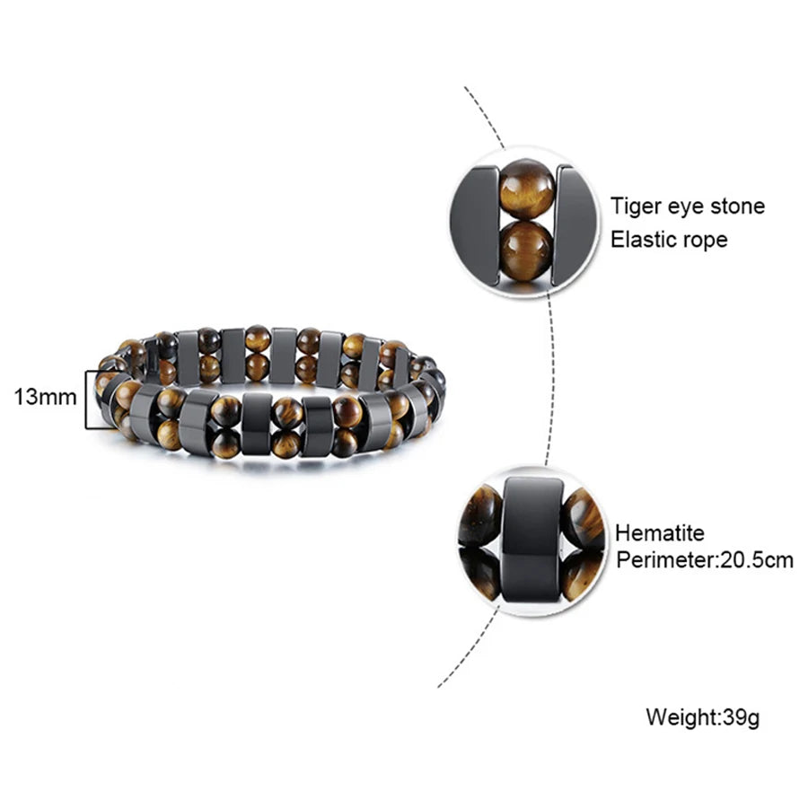 Bracelet with tiger eye stones and hematite beads on an elastic rope, showing details like stone size, perimeter, and weight.
