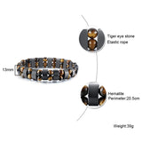 Bracelet with tiger eye stones and hematite beads on an elastic rope, showing details like stone size, perimeter, and weight.