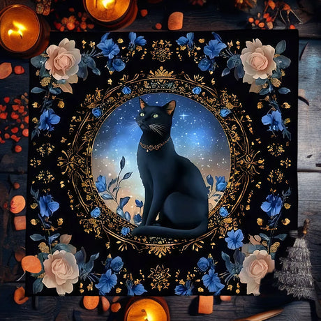 Decorative panel with a black cat, flowers, and candles on a dark background