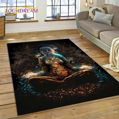 Decorative rug with artistic design on a wooden floor in a living room.